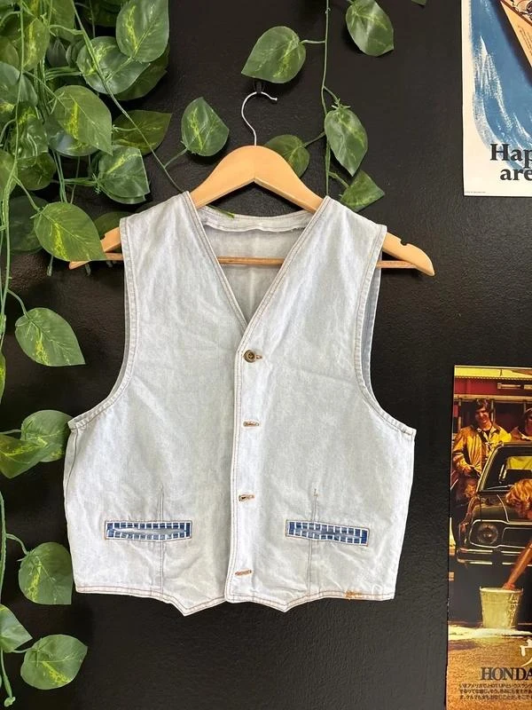 Vintage Denim Vest 90s Light Wash Blue Western Americana Workwear Button Front C